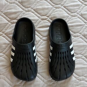 adidas Women’s Black Slip-On Clog Sandals with White Stripes